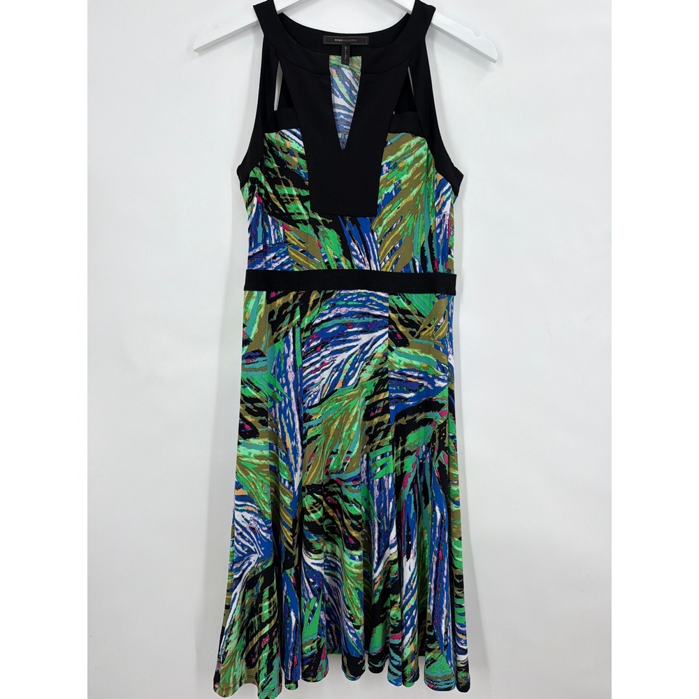 BCBGMAXAZRIA Lindy Sleevelessβ Print Dress Green Blue Black Sm Geometric Artsy